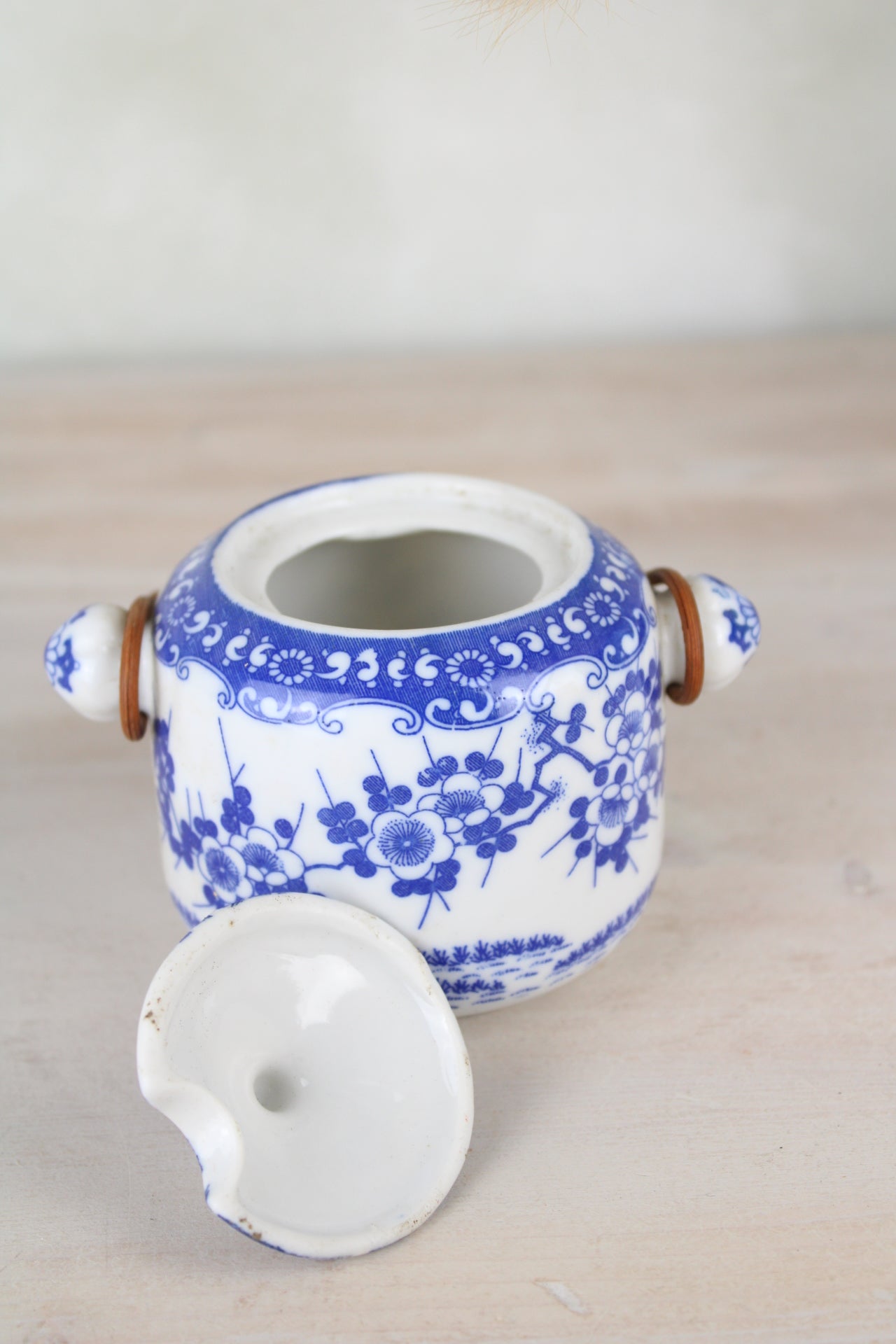 Sugar Jar in Blue and White with Cane Handle