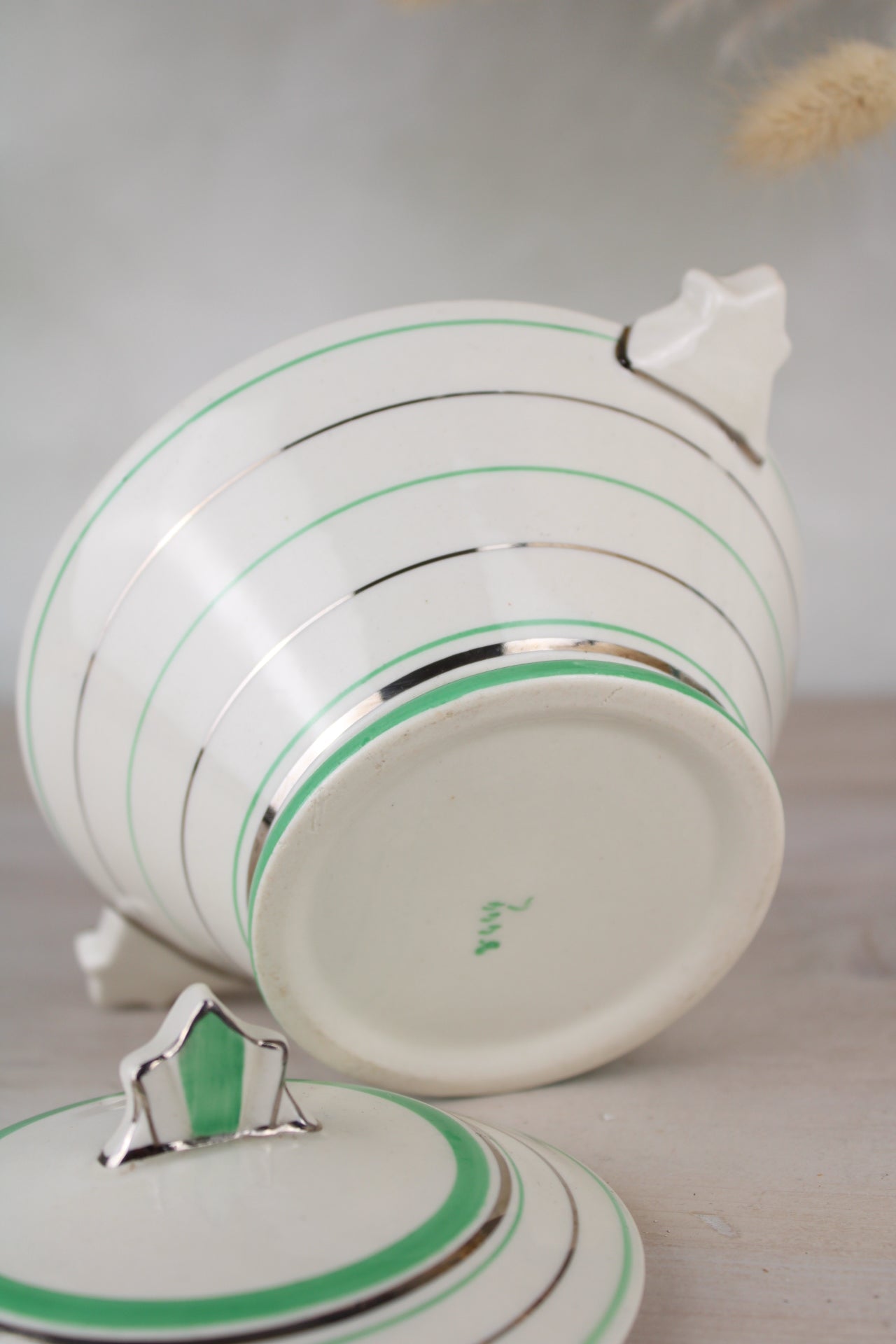 Green Striped Art Deco Sauce Pot with Lid