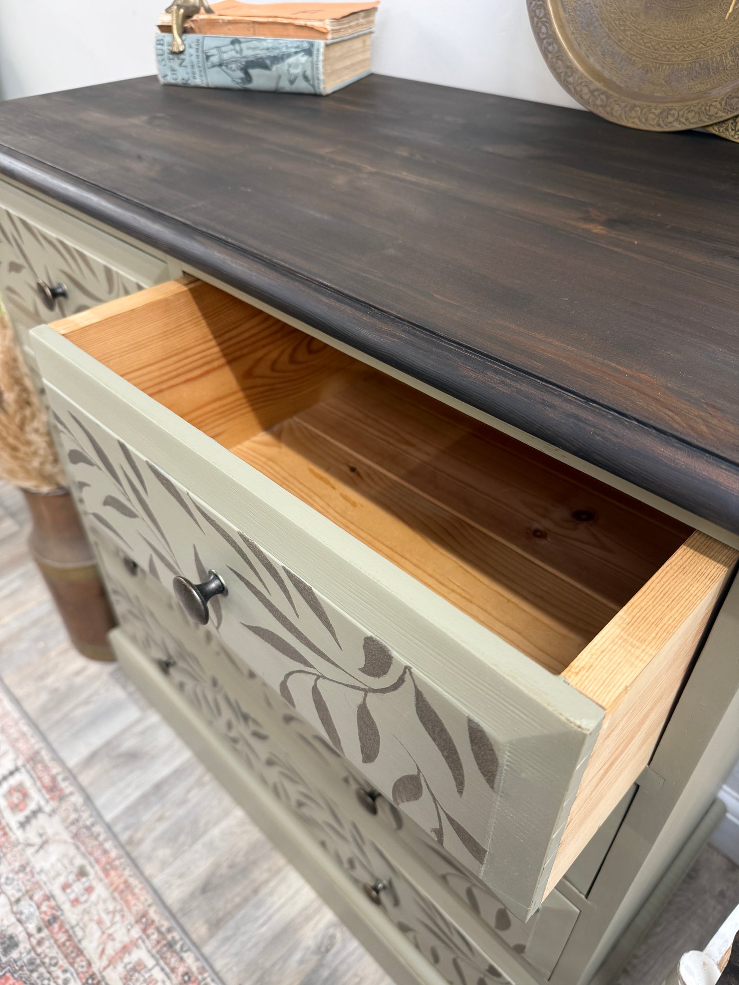 Solid pine stencil painted chest of drawers