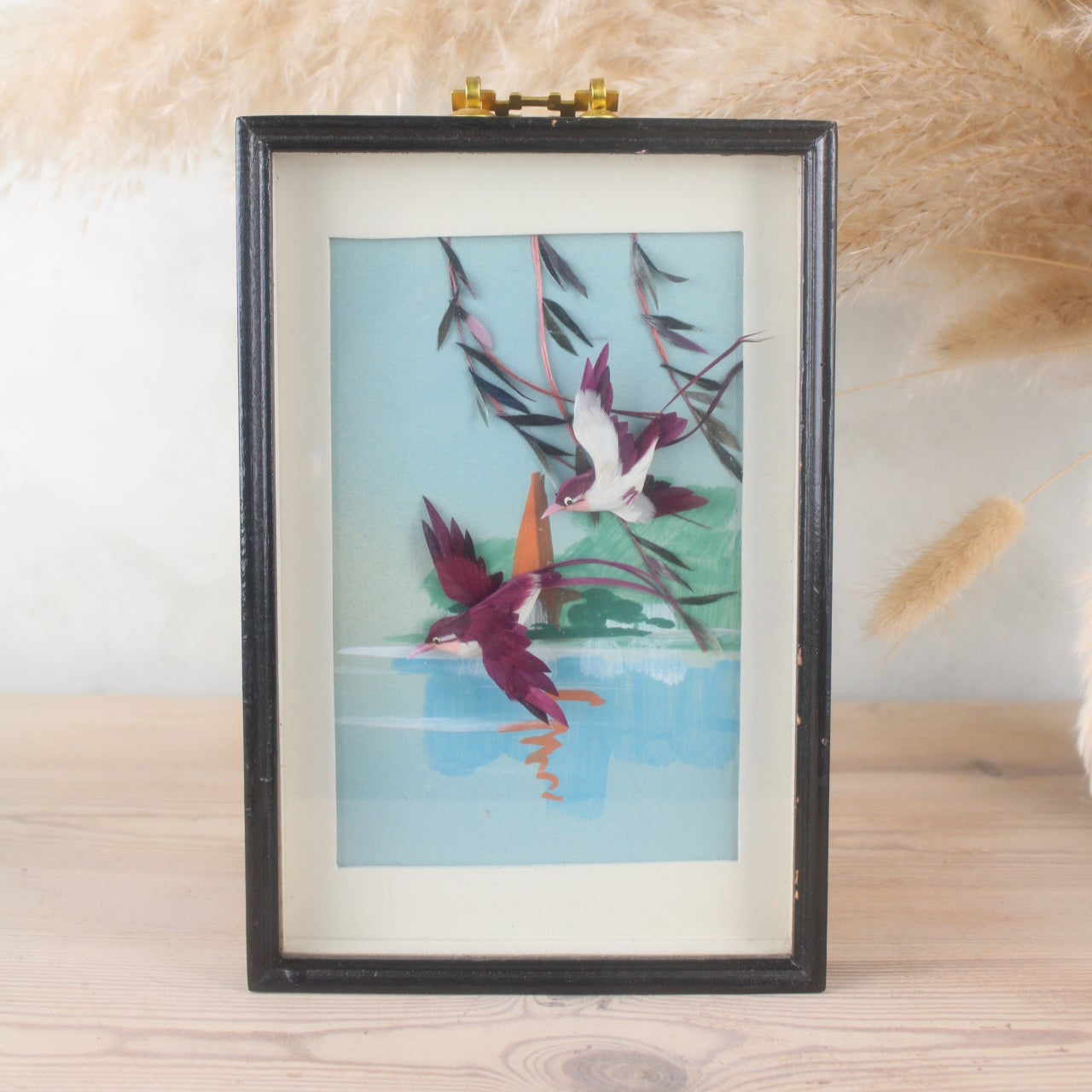 1950s Blue Flying Birds Painting in Black Frame