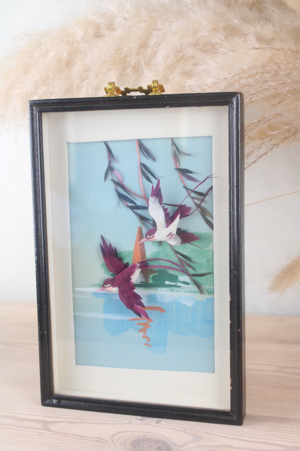 1950s Blue Flying Birds Painting in Black Frame