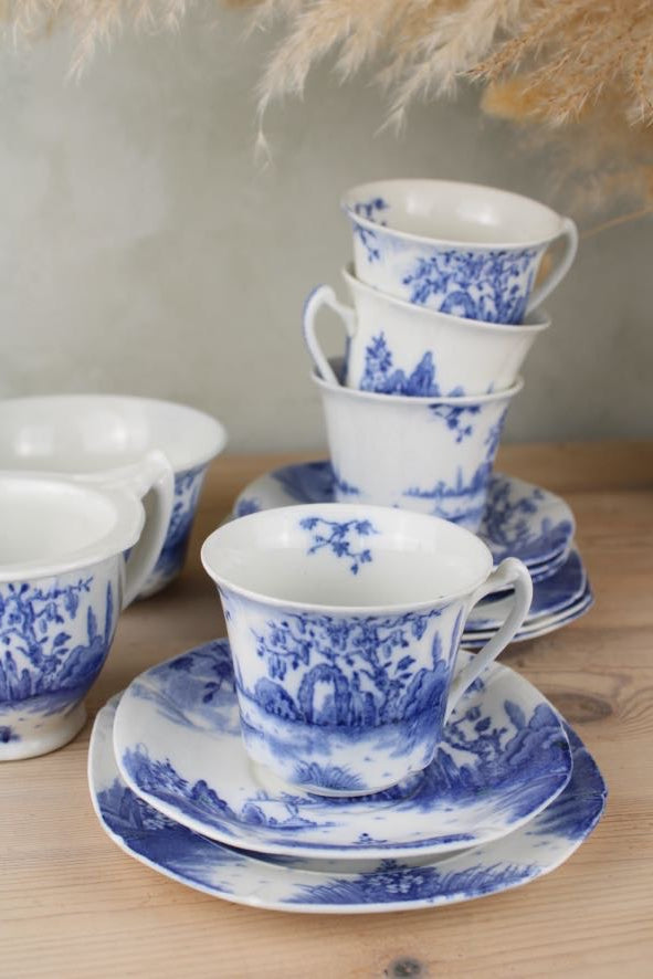 Set of 4 Regal Pottery Palissy ‘Enchanta’ Teaset Trios with Milk Jug and Sugar Bowl