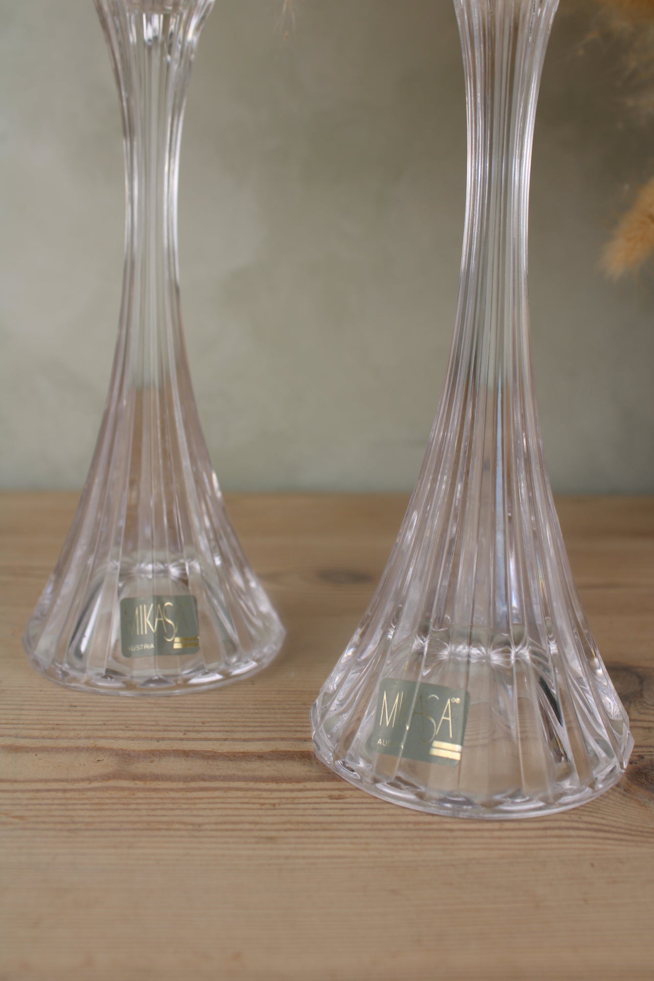 Pair of Tall Mikasa Glass Candlesticks