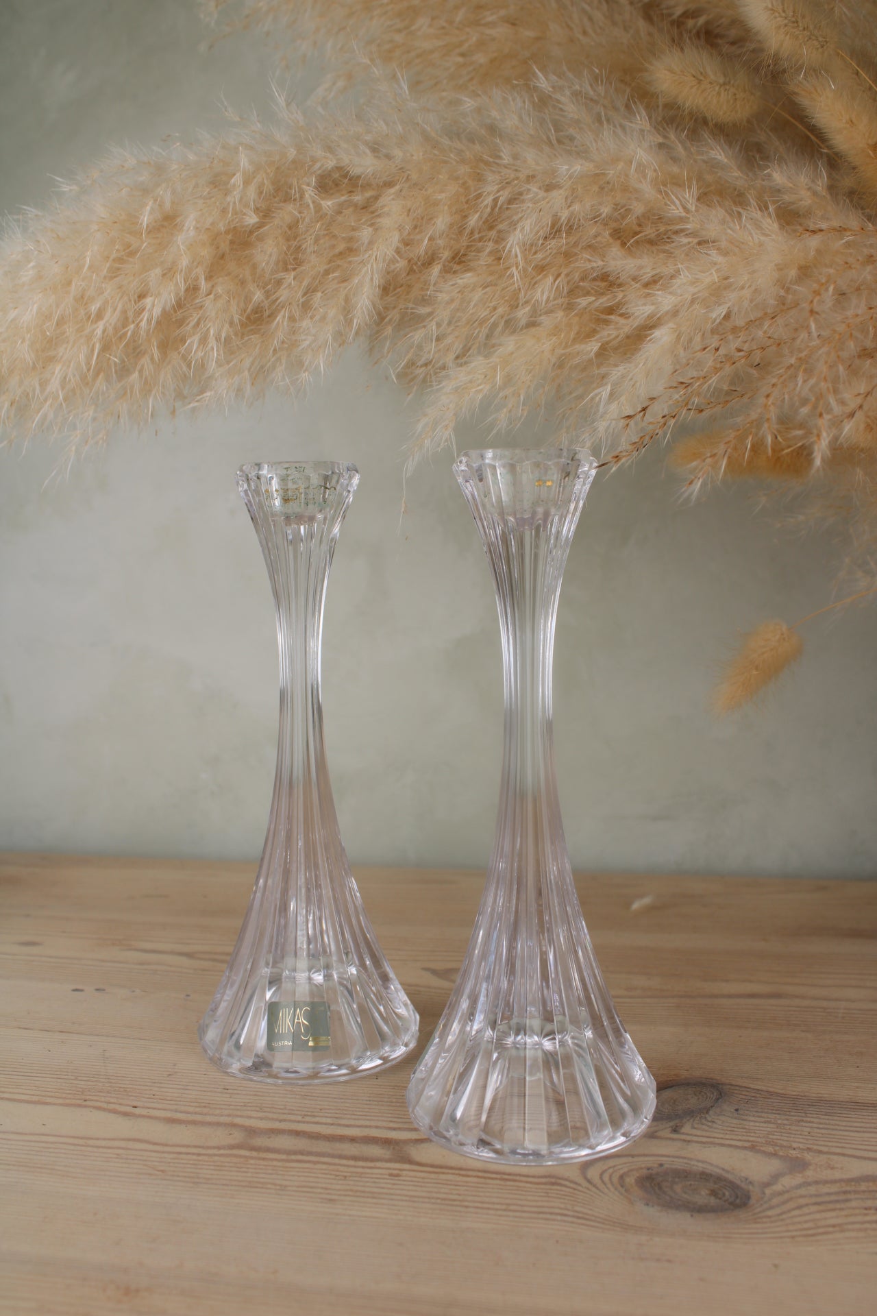 Pair of Tall Mikasa Glass Candlesticks