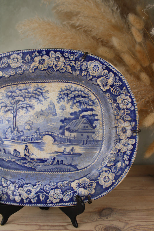 19th Century Blue and White Platter with Hanging Holder
