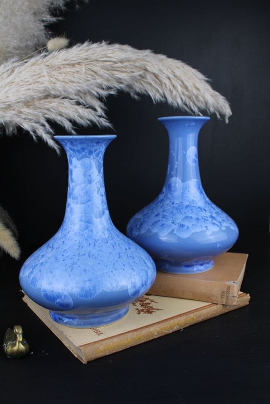Cornflower Blue Chinese Yuhuchunping Vases with Crystalline Glaze 1970s