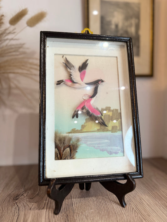 1950s Pink Flying Birds Painting in Black Frame