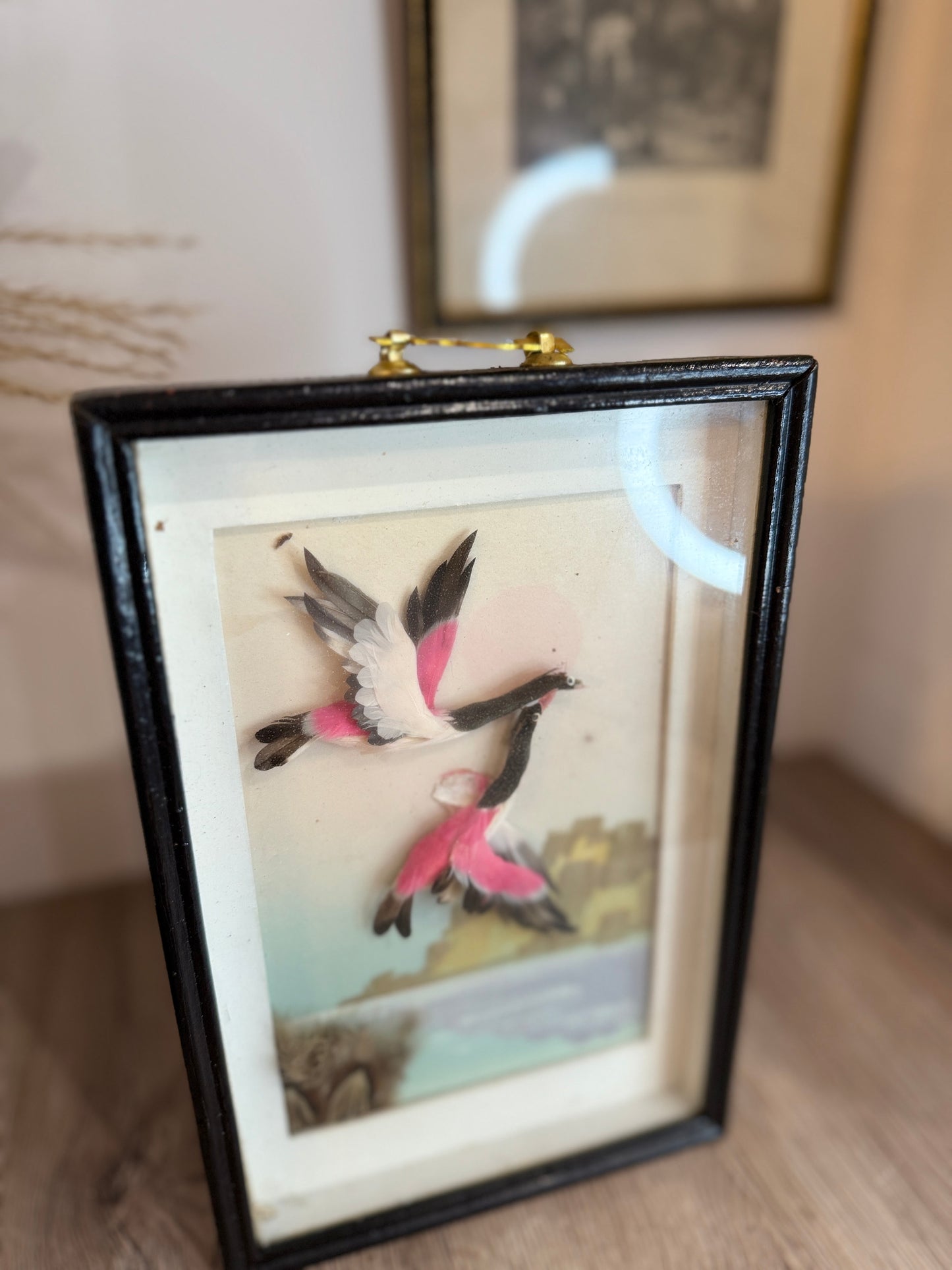 1950s Pink Flying Birds Painting in Black Frame