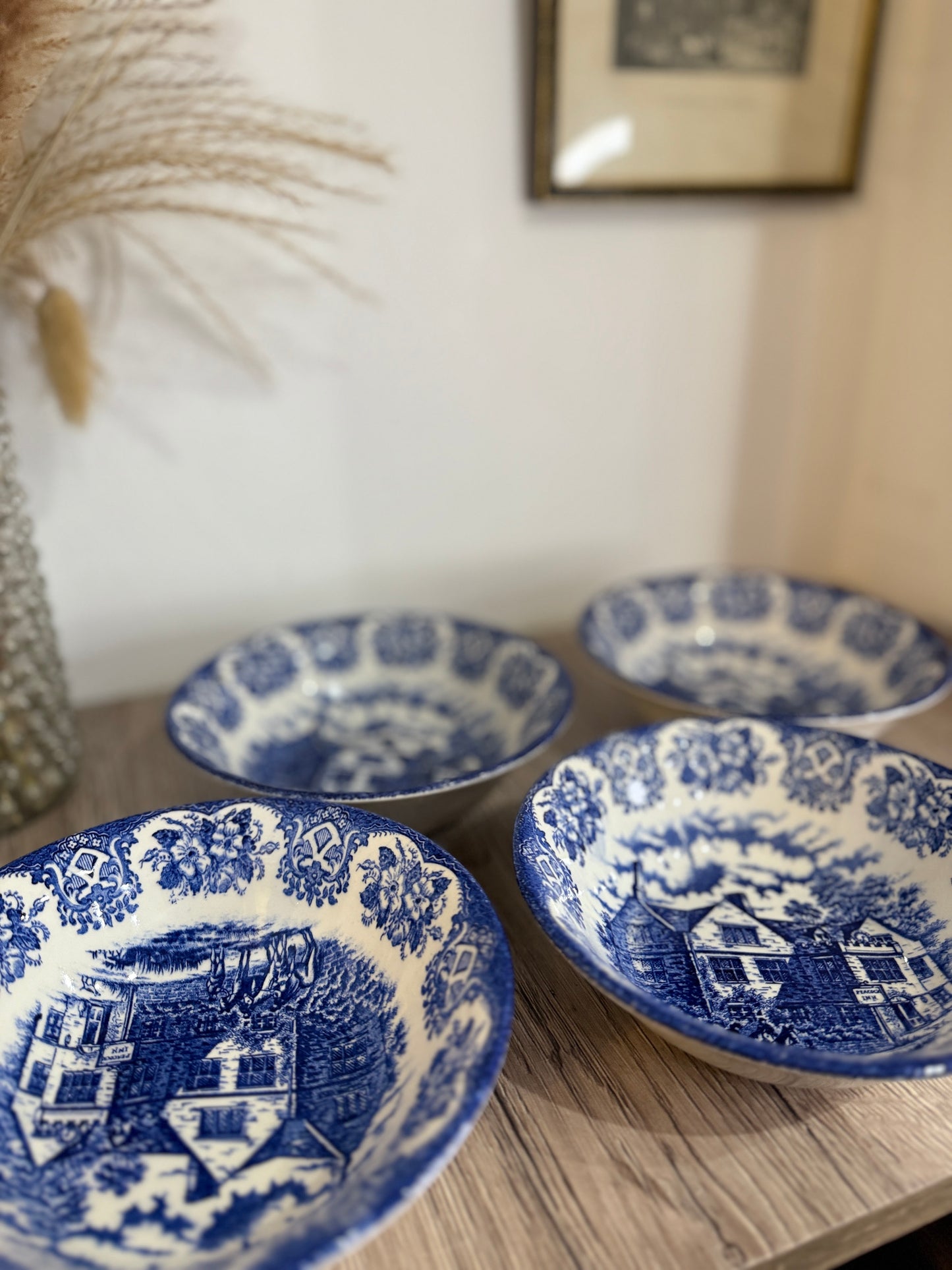 Set of 4 Ironstone Old Inns Series Blue and White Bowls