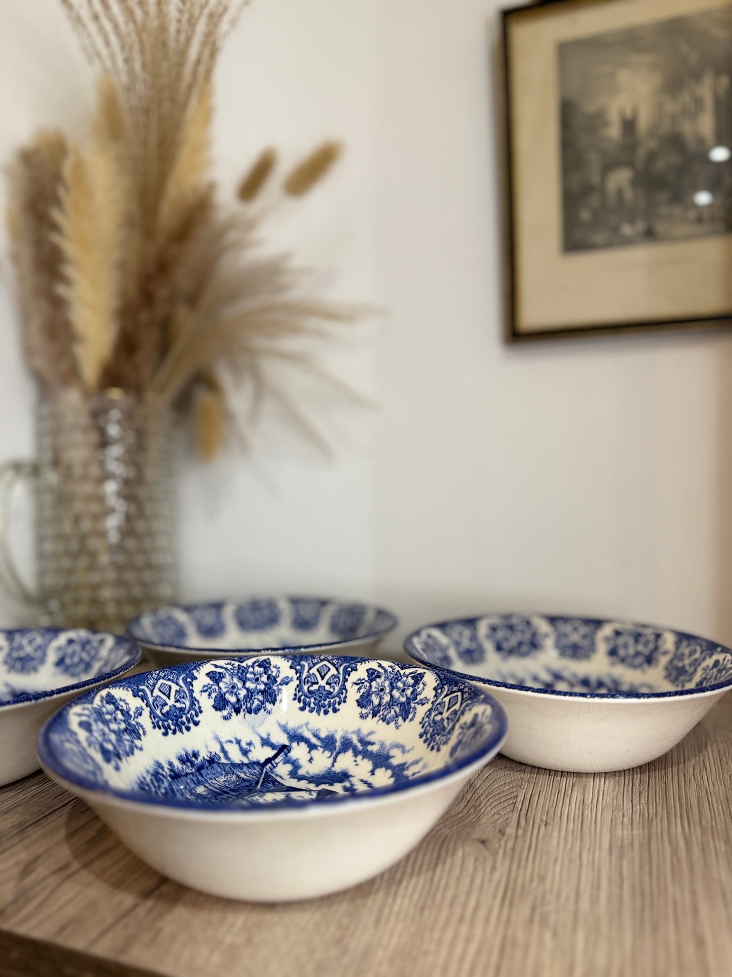 Set of 4 Ironstone Old Inns Series Blue and White Bowls