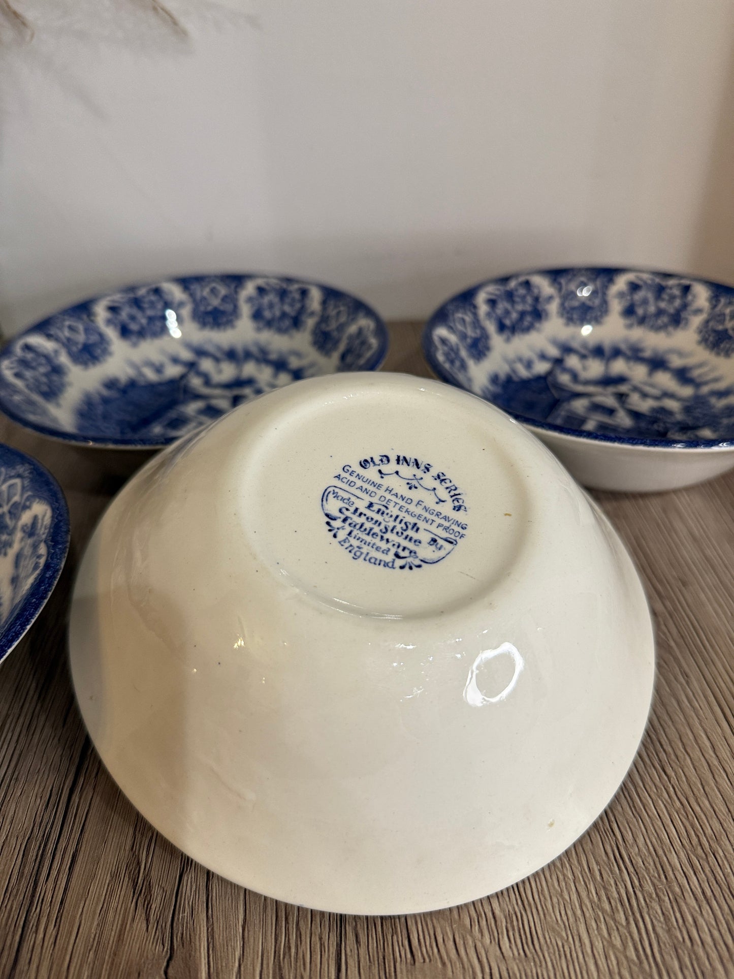 Set of 4 Ironstone Old Inns Series Blue and White Bowls