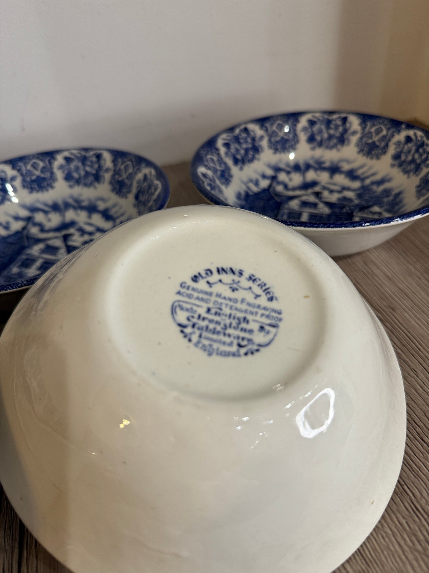 Set of 4 Ironstone Old Inns Series Blue and White Bowls