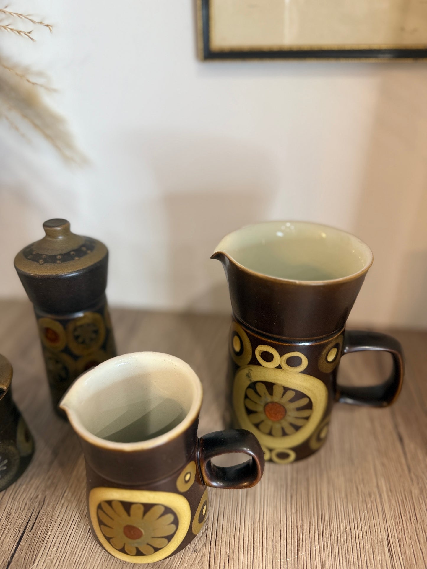 Set of 4 Denby Brown Flower Retro Jugs, Pot and Shaker