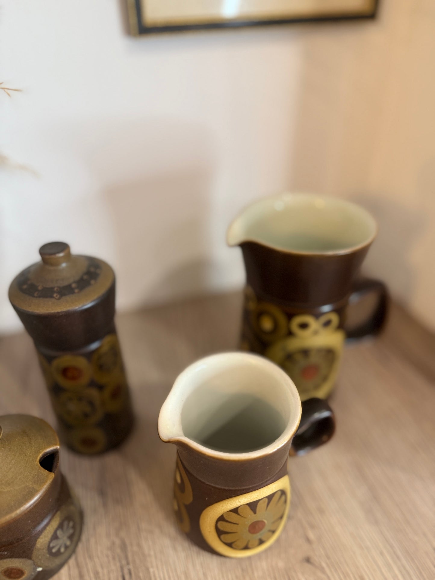 Set of 4 Denby Brown Flower Retro Jugs, Pot and Shaker