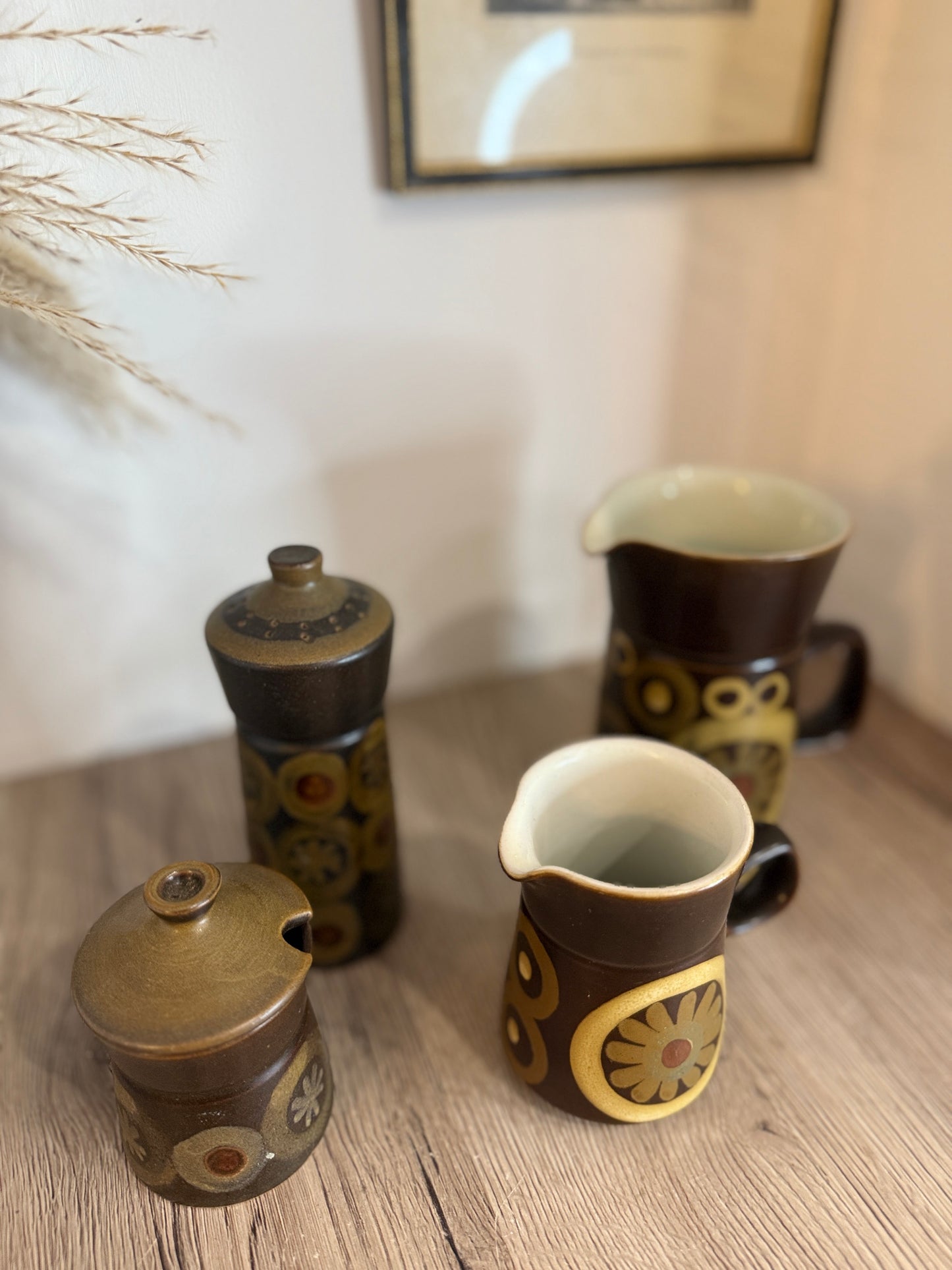 Set of 4 Denby Brown Flower Retro Jugs, Pot and Shaker