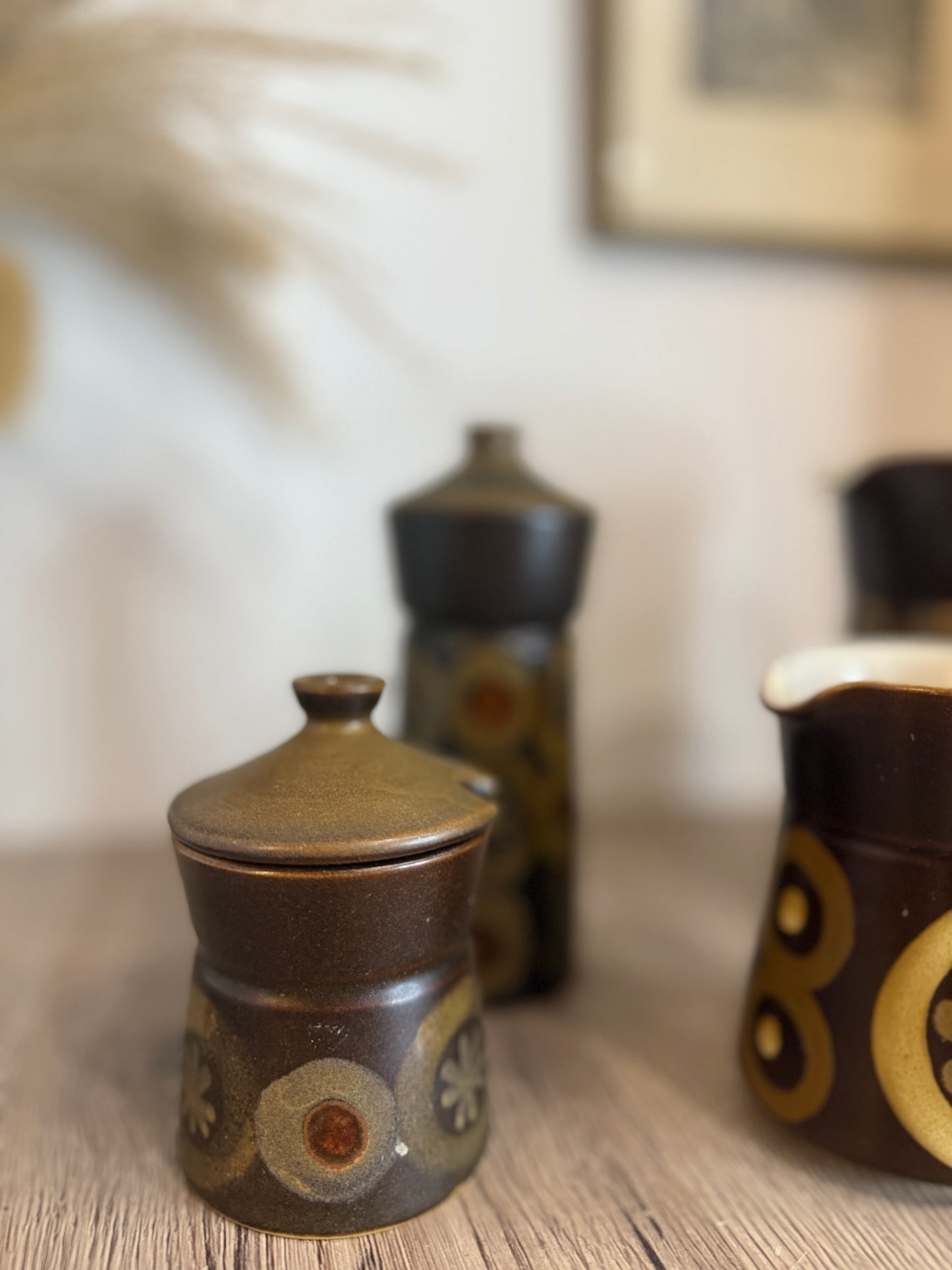Set of 4 Denby Brown Flower Retro Jugs, Pot and Shaker