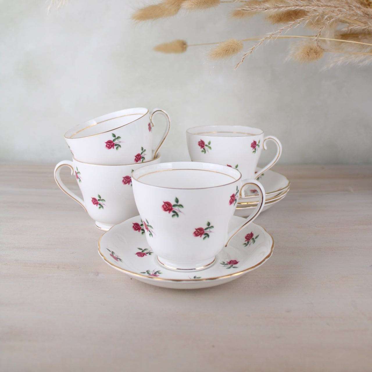 Set of 4 Colclough Large Pink Floral Teacups and Saucers