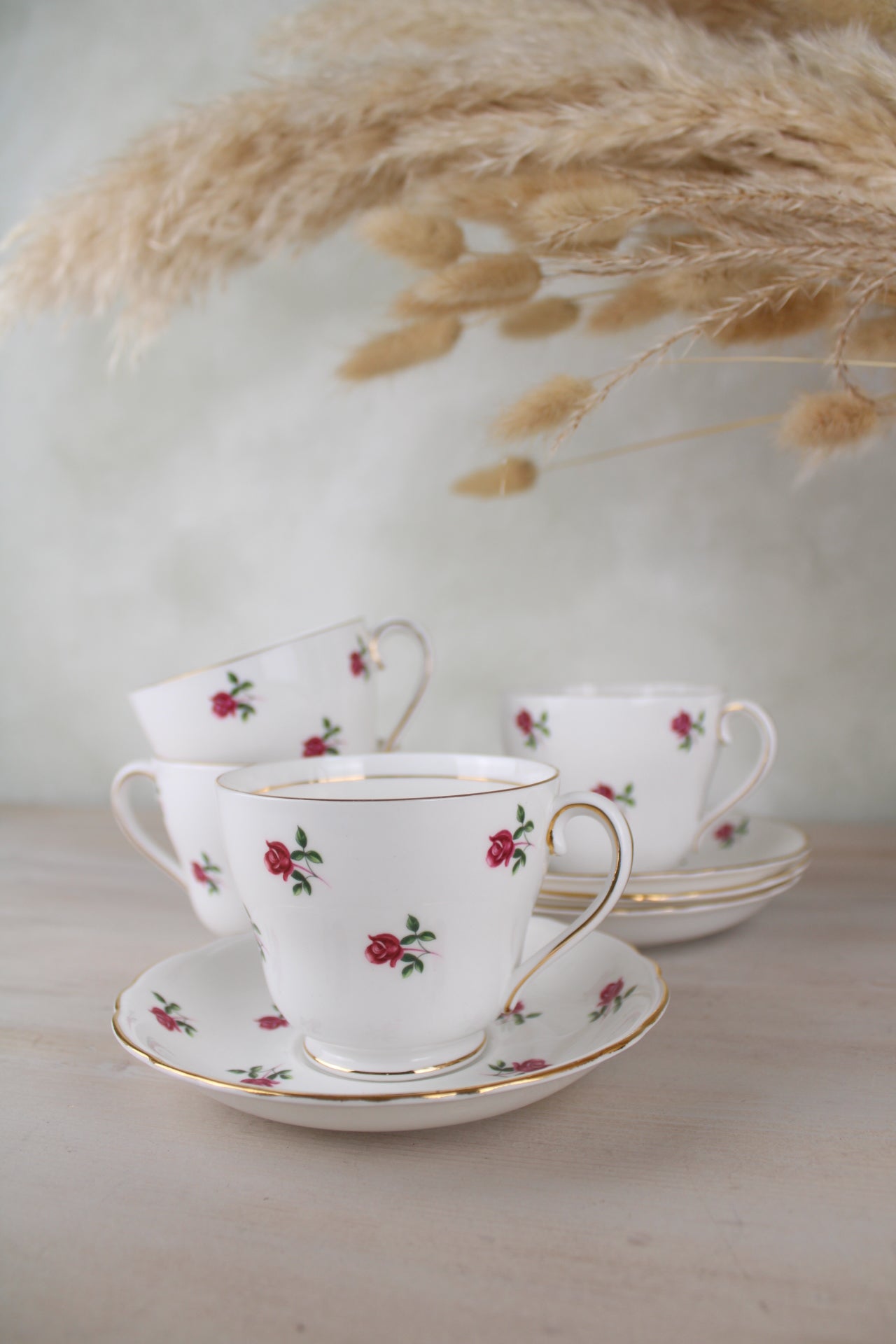Set of 4 Colclough Large Pink Floral Teacups and Saucers