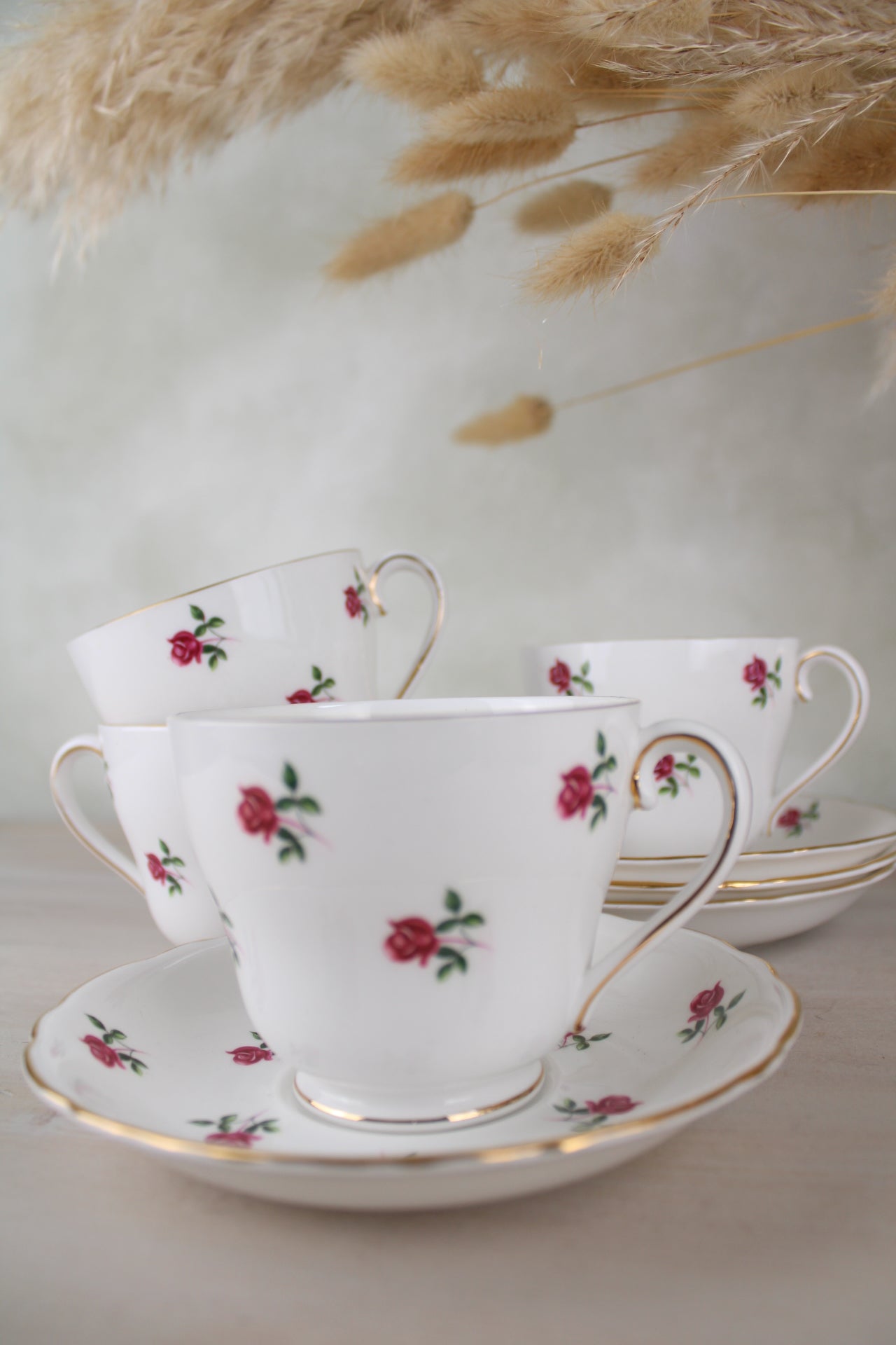 Set of 4 Colclough Large Pink Floral Teacups and Saucers