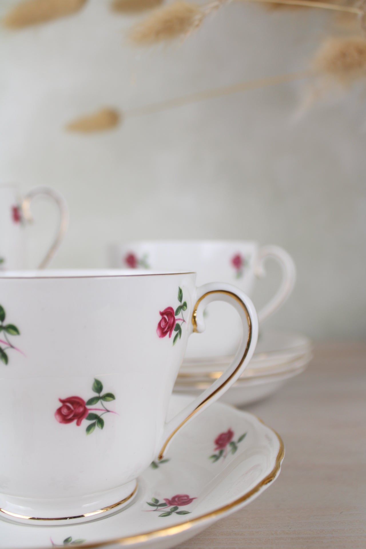 Set of 4 Colclough Large Pink Floral Teacups and Saucers