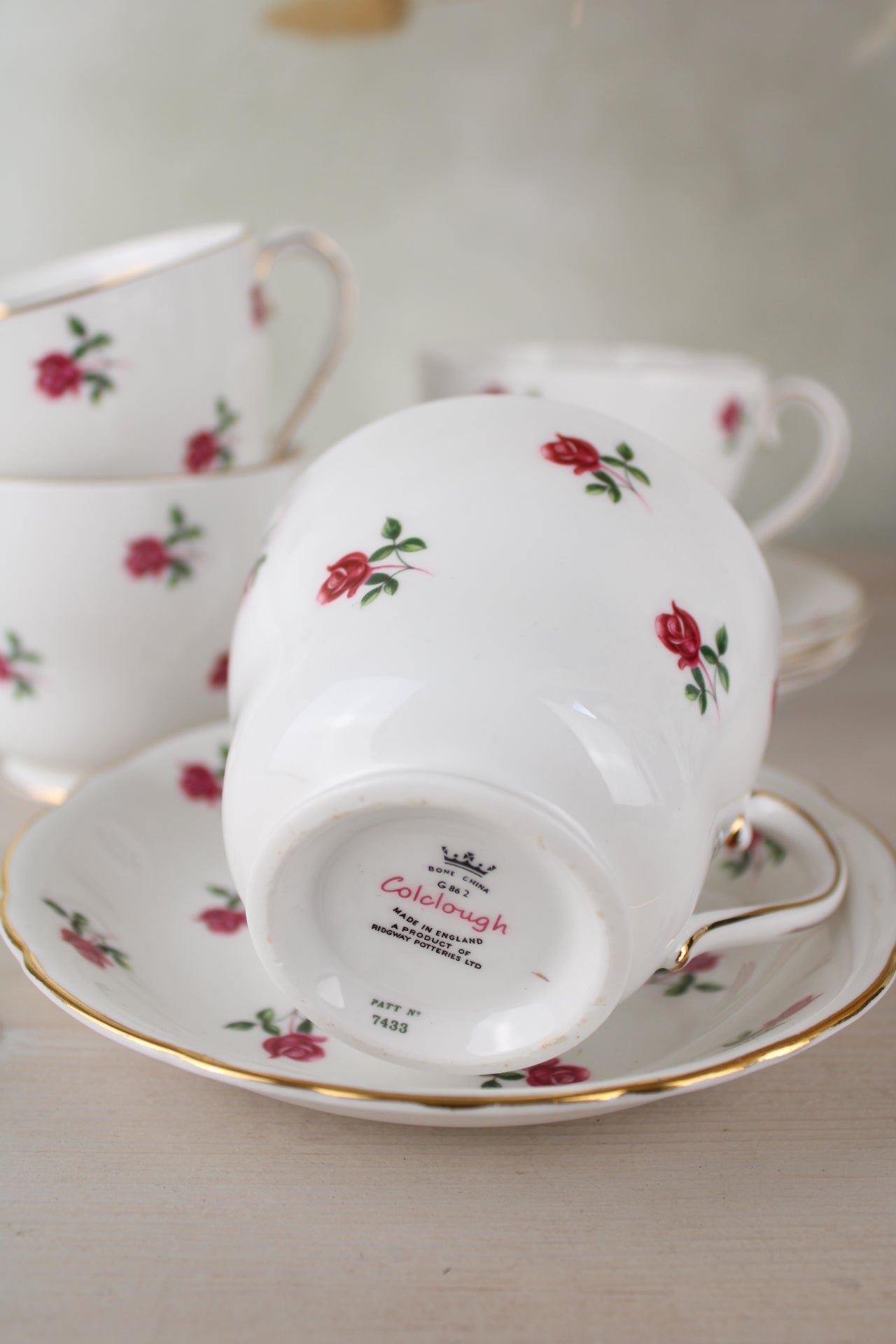 Set of 4 Colclough Large Pink Floral Teacups and Saucers
