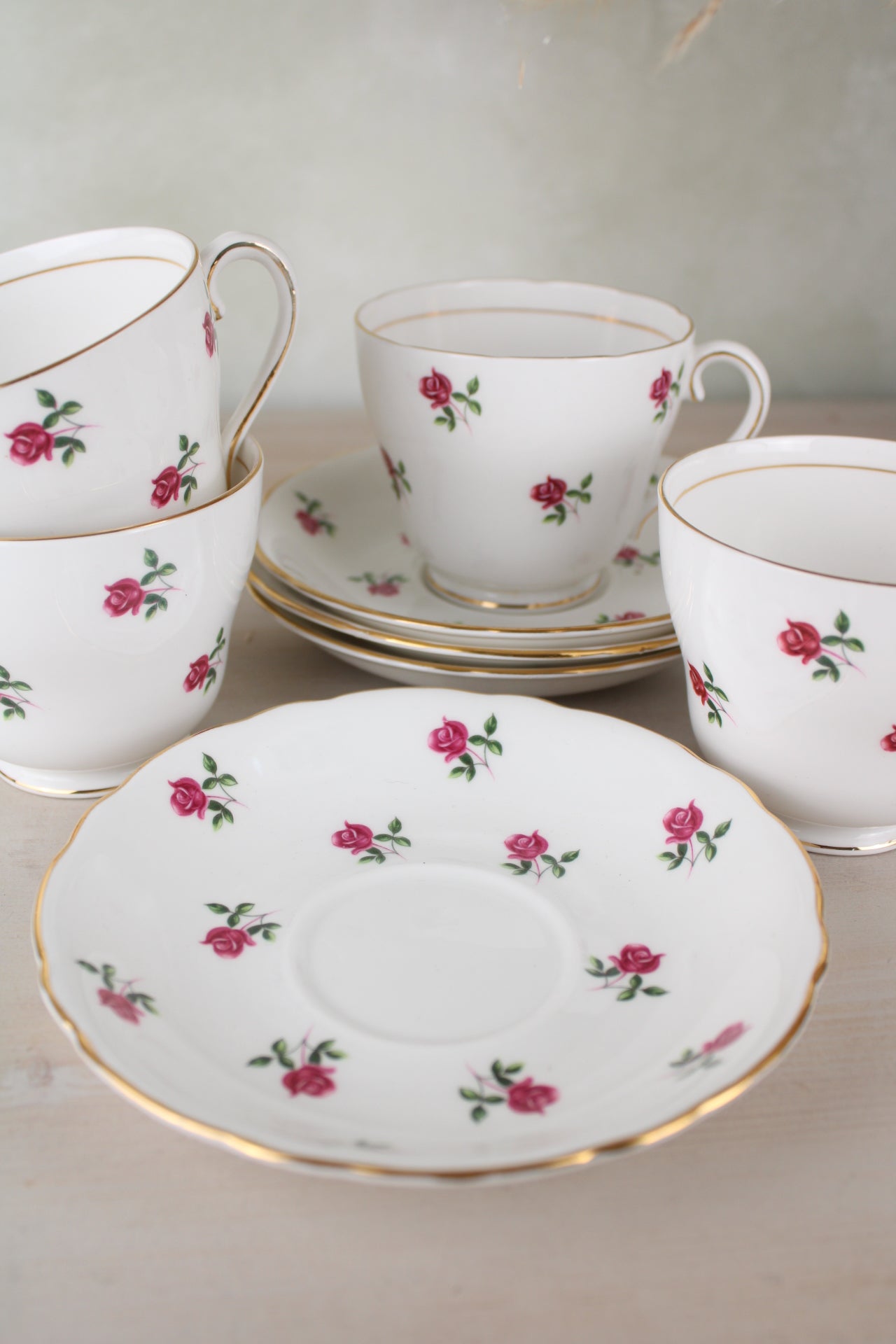 Set of 4 Colclough Large Pink Floral Teacups and Saucers