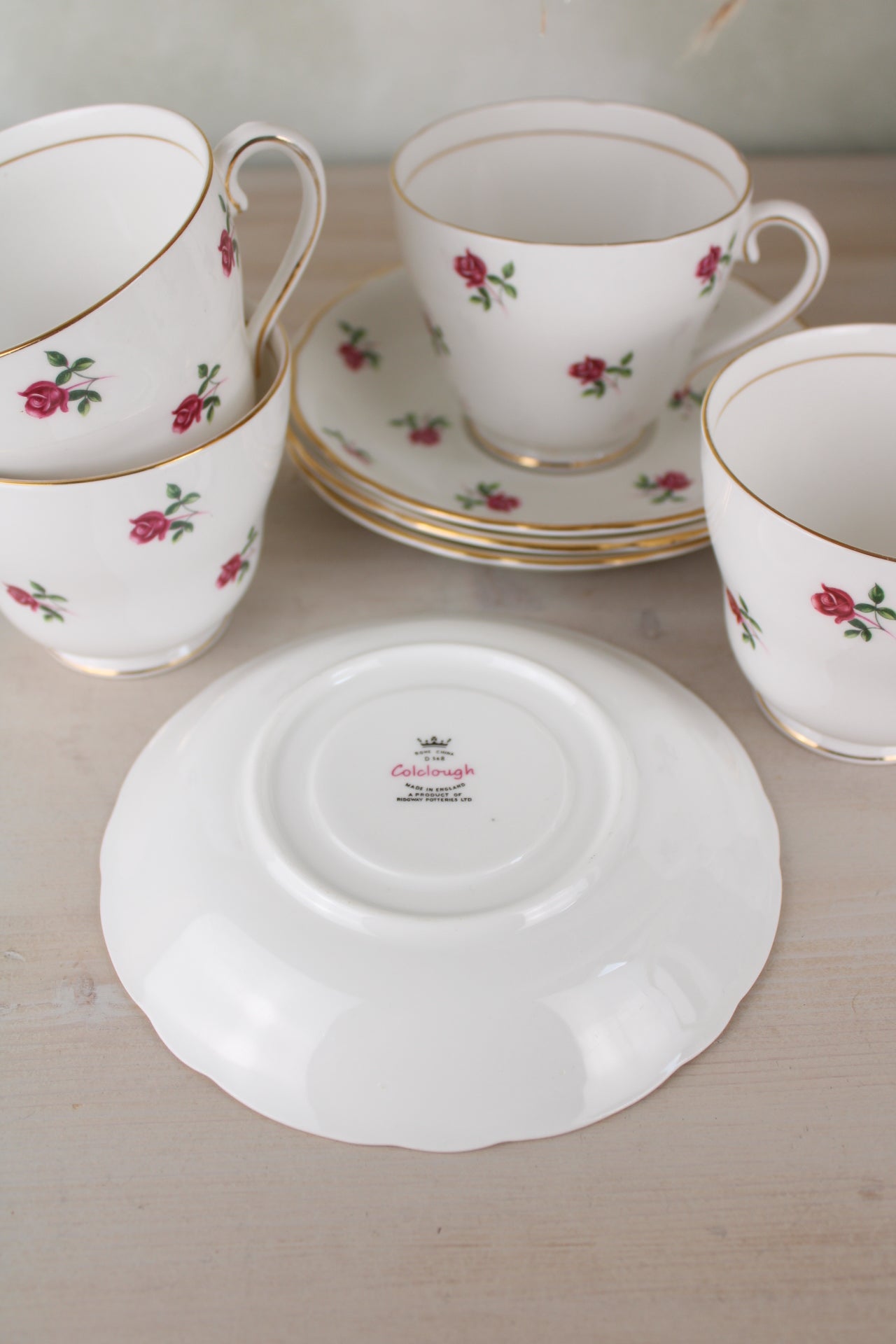 Set of 4 Colclough Large Pink Floral Teacups and Saucers