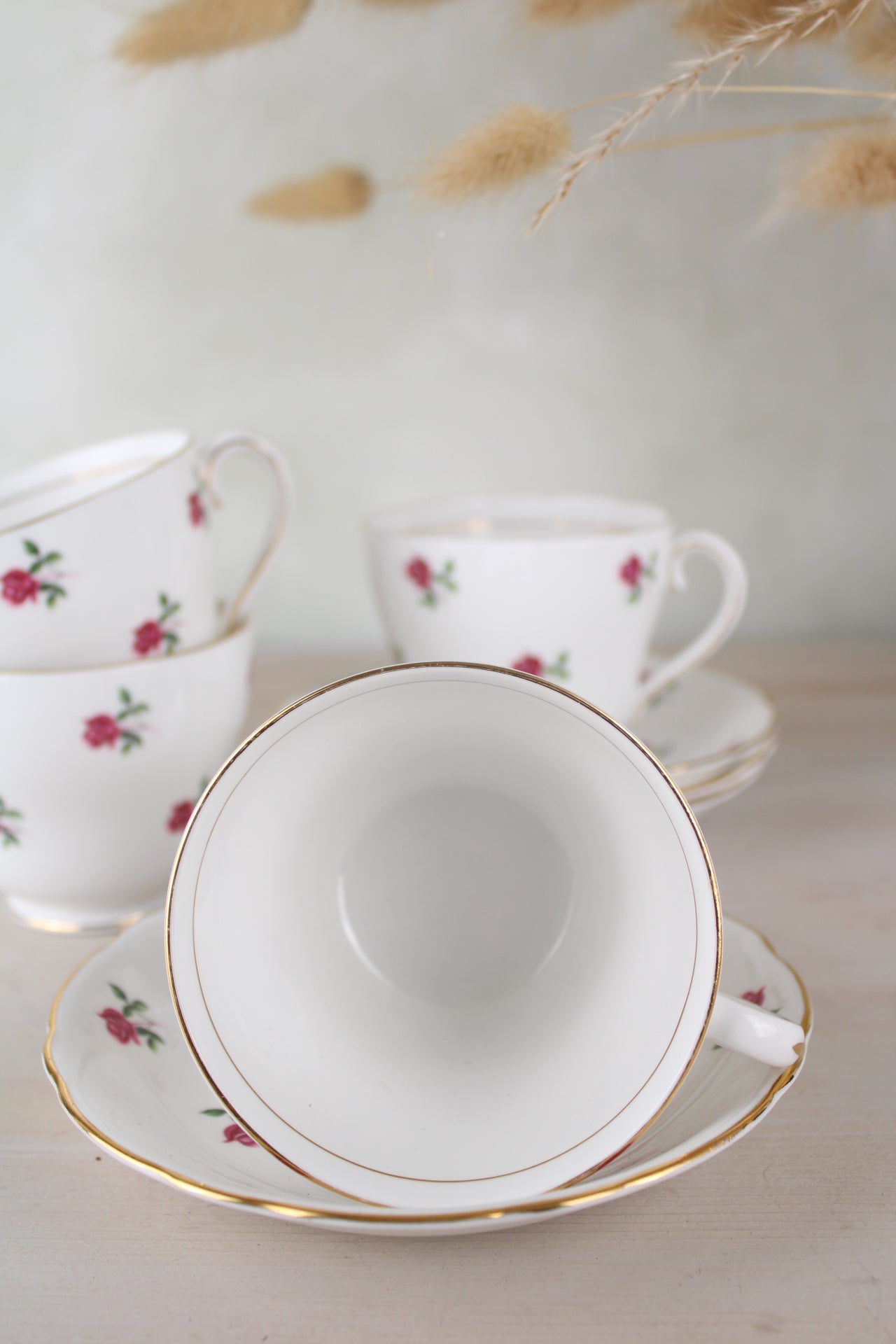 Set of 4 Colclough Large Pink Floral Teacups and Saucers
