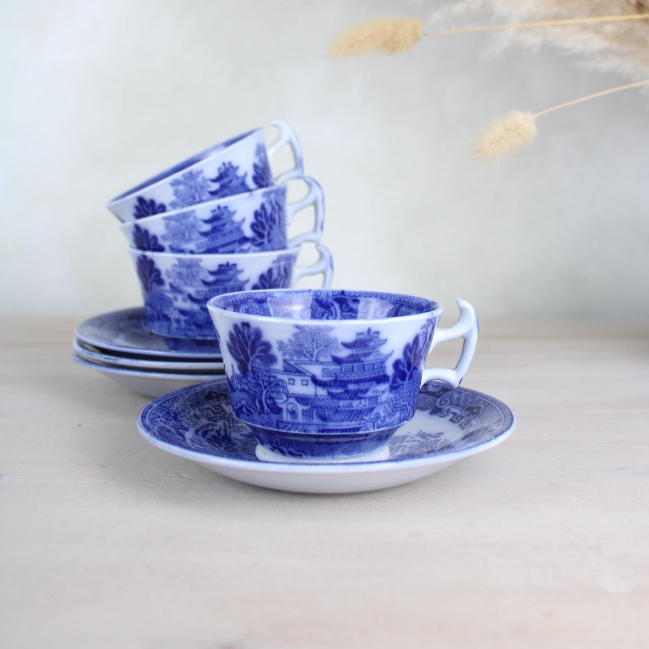 Set of 4 Maling Blue and White Old Willow Teacups and Saucers