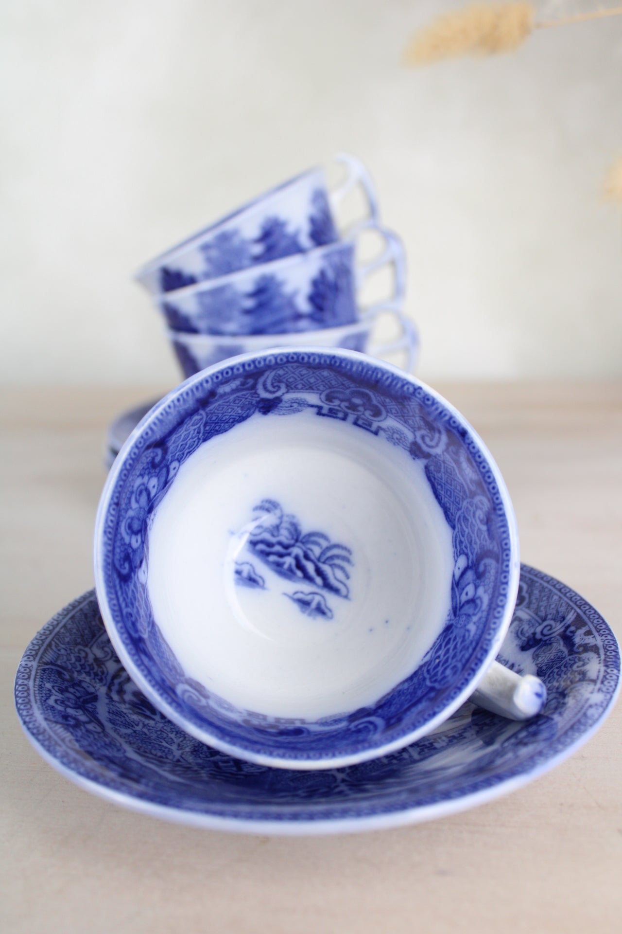 Set of 4 Maling Blue and White Old Willow Teacups and Saucers