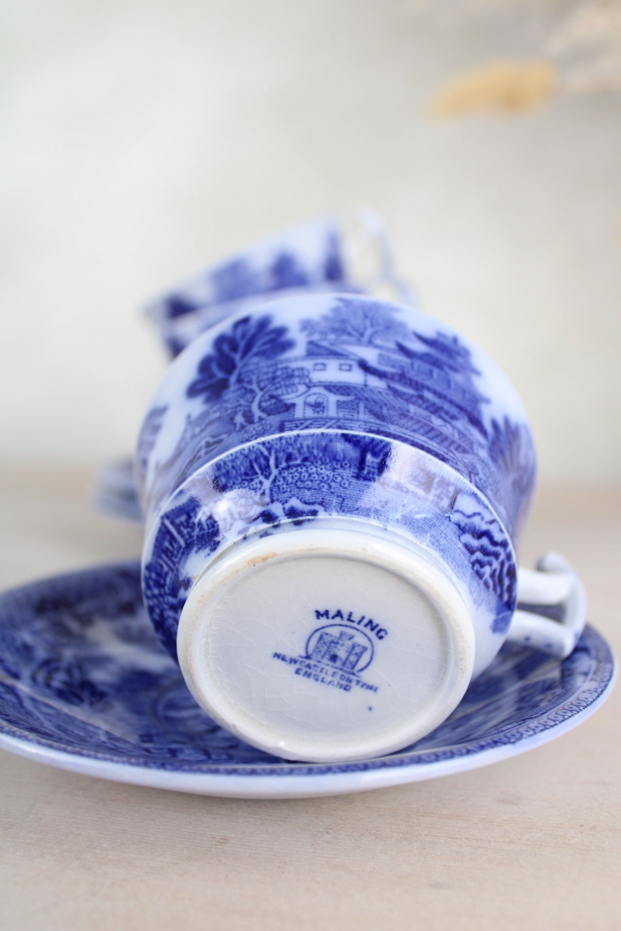 Set of 4 Maling Blue and White Old Willow Teacups and Saucers