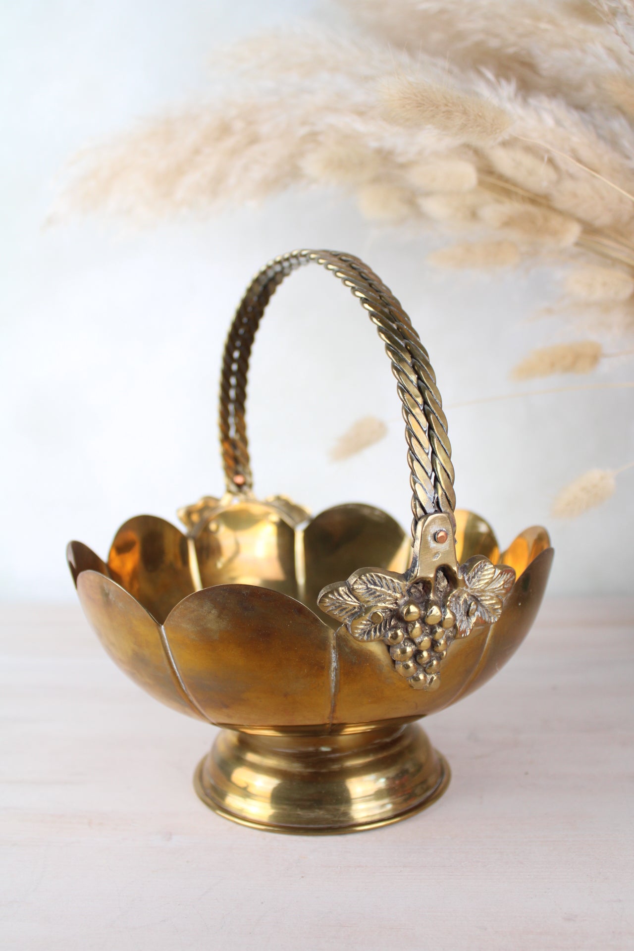 Brass Vintage Scalloped Edge Basket with Handle