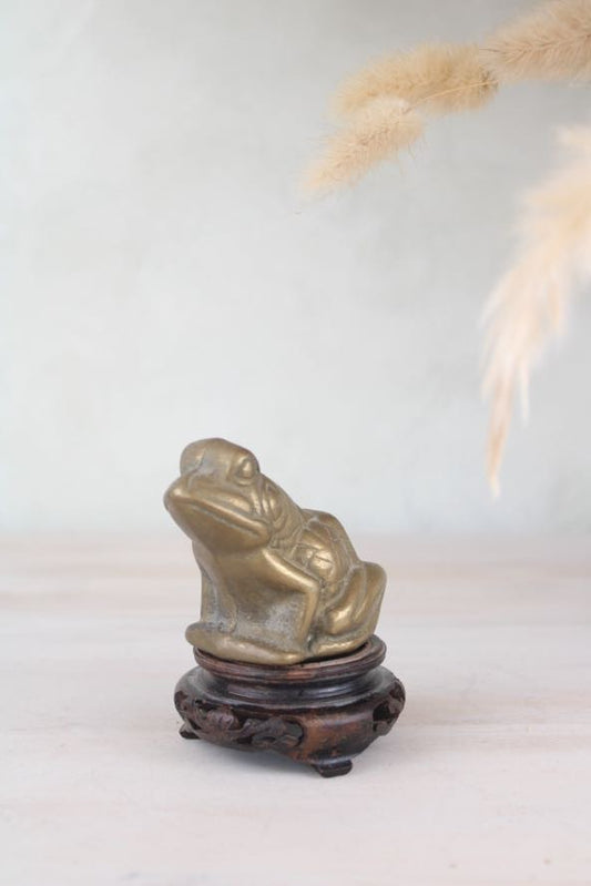 Brass Frog Figurine on a Wooden Base