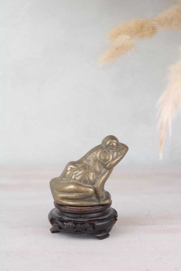 Brass Frog Figurine on a Wooden Base
