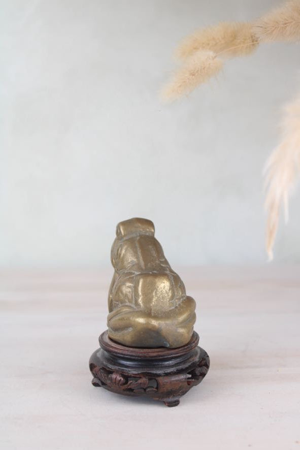 Brass Frog Figurine on a Wooden Base