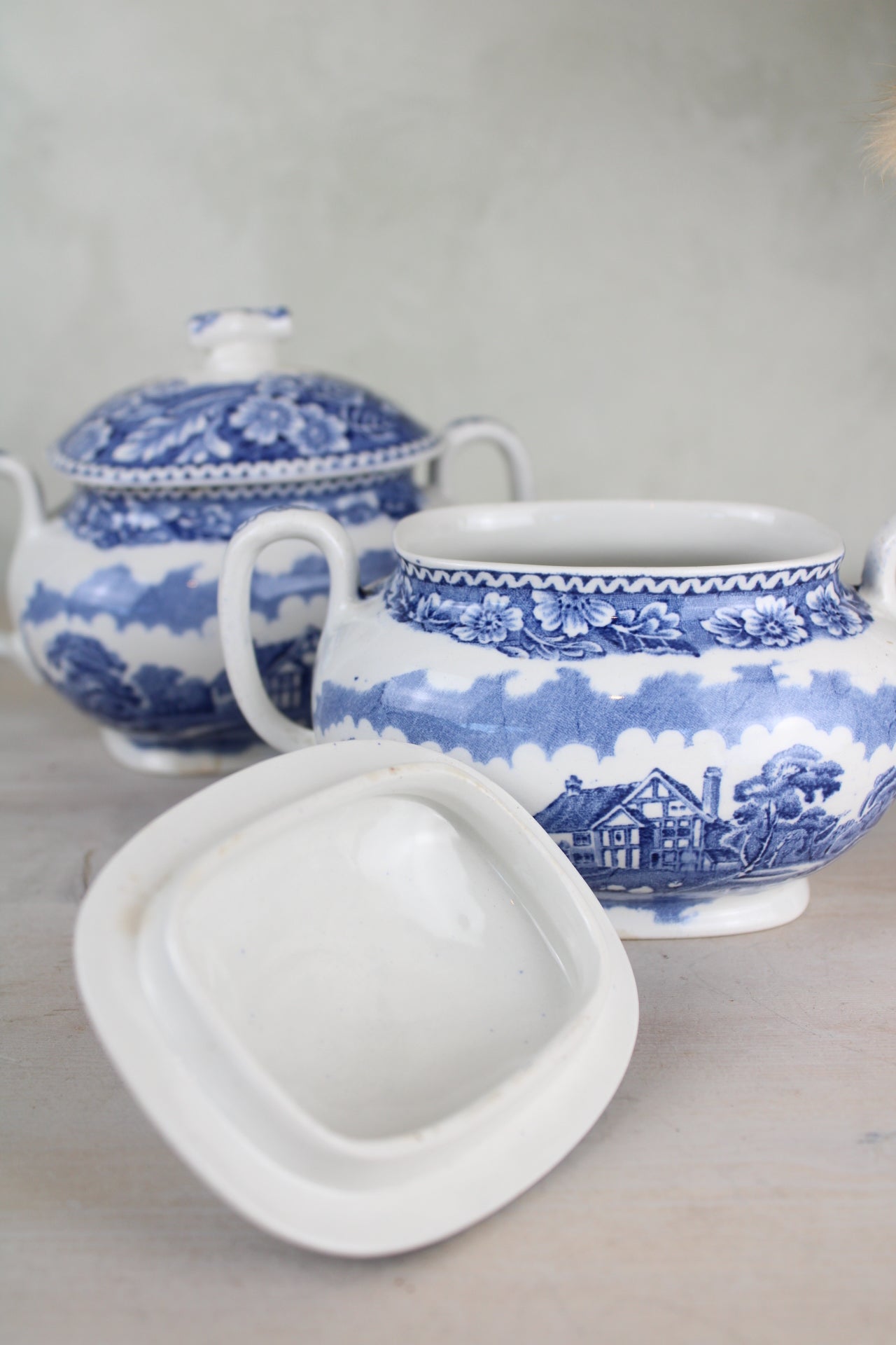 Burslem Woods & Sons Woodland Blue and White Sugar Bowls with Lids
