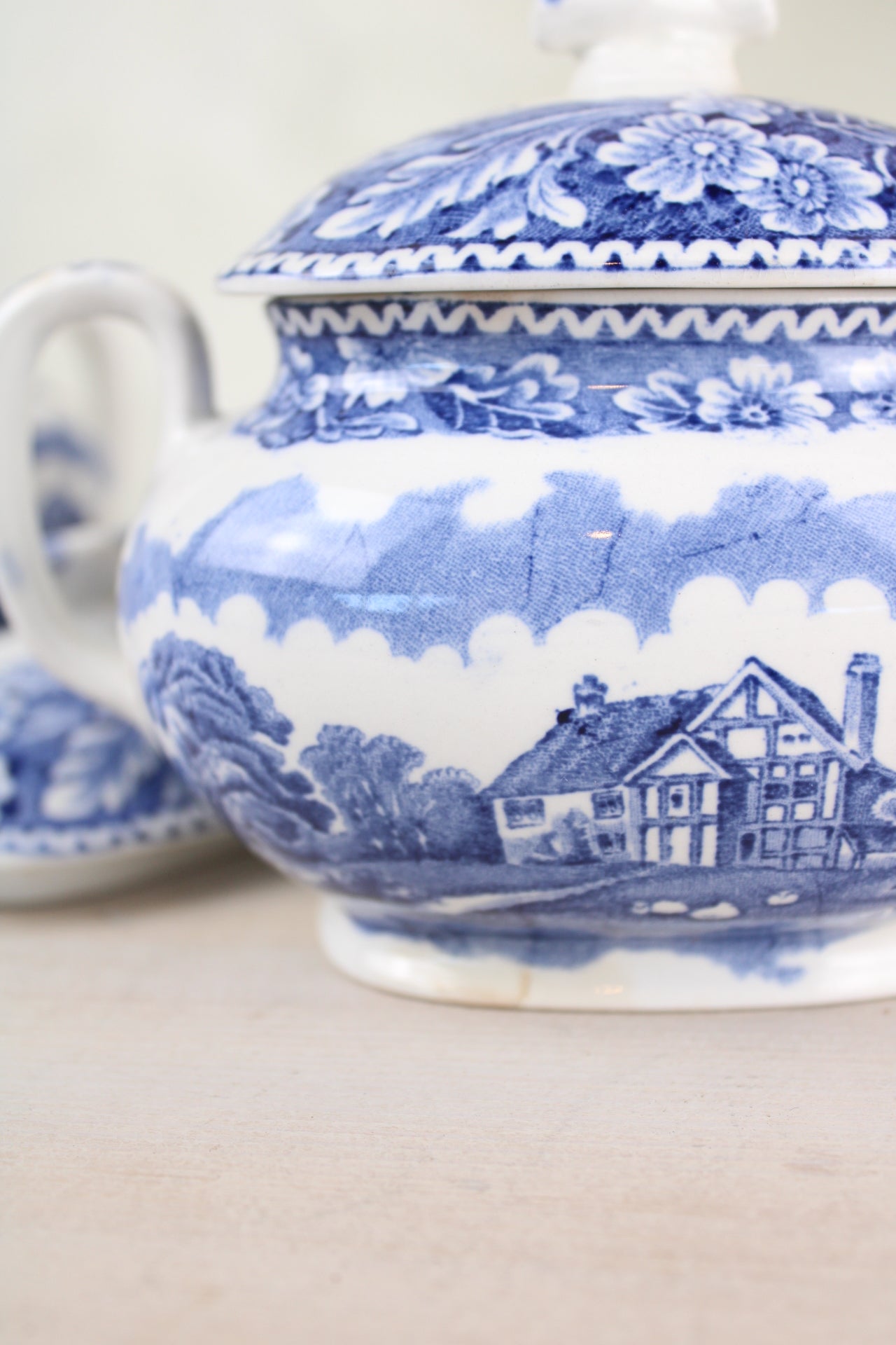 Burslem Woods & Sons Woodland Blue and White Sugar Bowls with Lids