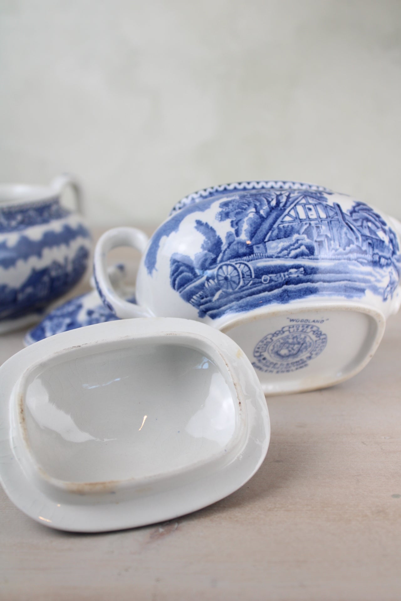 Burslem Woods & Sons Woodland Blue and White Sugar Bowls with Lids