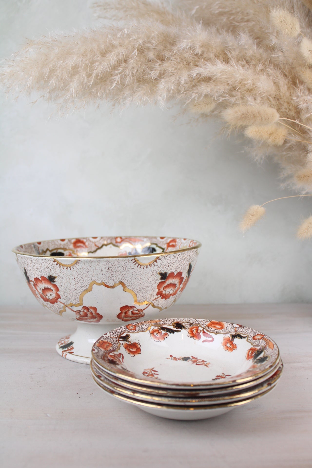 Orange and Black Vintage Dessert Set, of 4 Serving Bowls and a Large Bowl