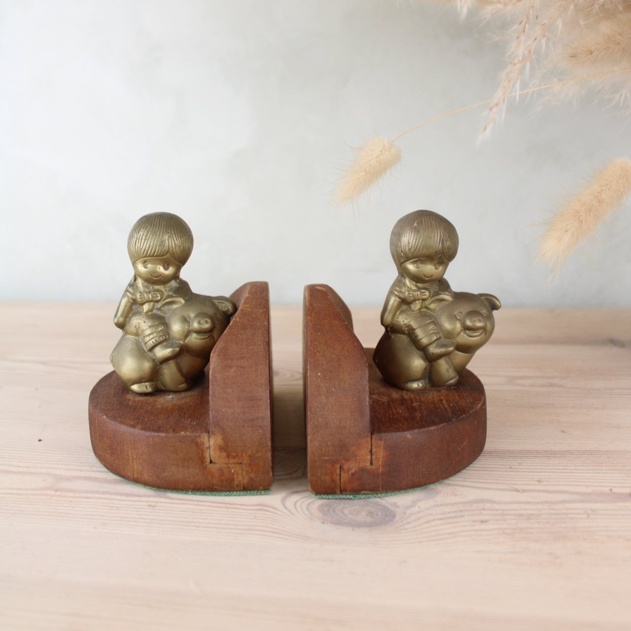 Boy and Pig Cute Wood and Brass Bookends