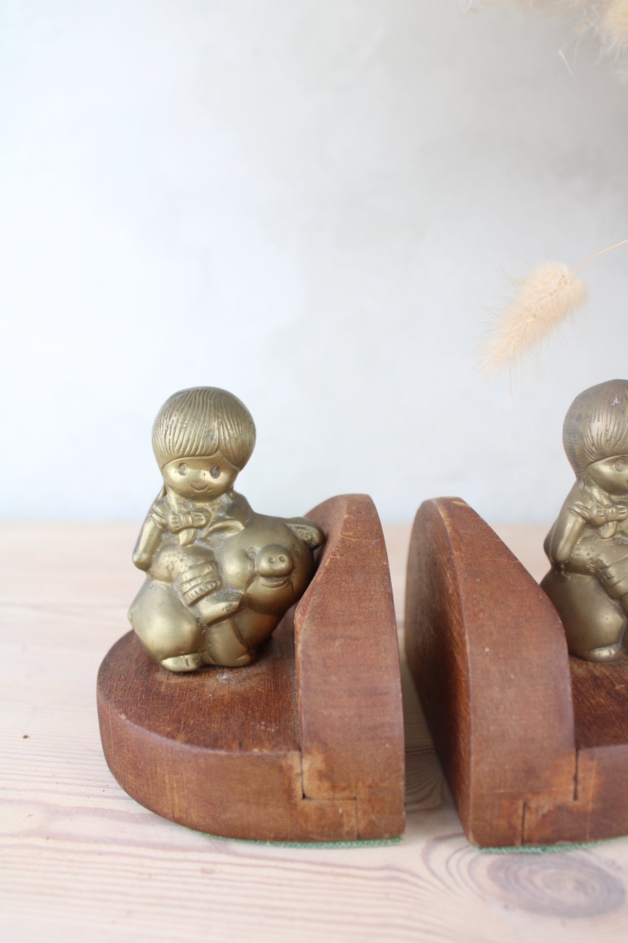Boy and Pig Cute Wood and Brass Bookends