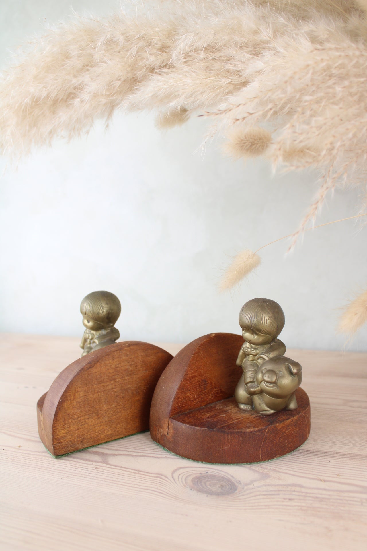 Boy and Pig Cute Wood and Brass Bookends
