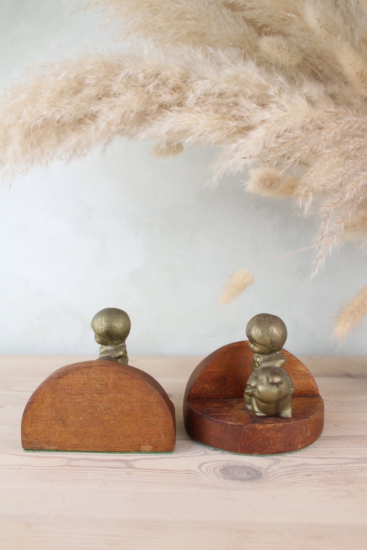 Boy and Pig Cute Wood and Brass Bookends