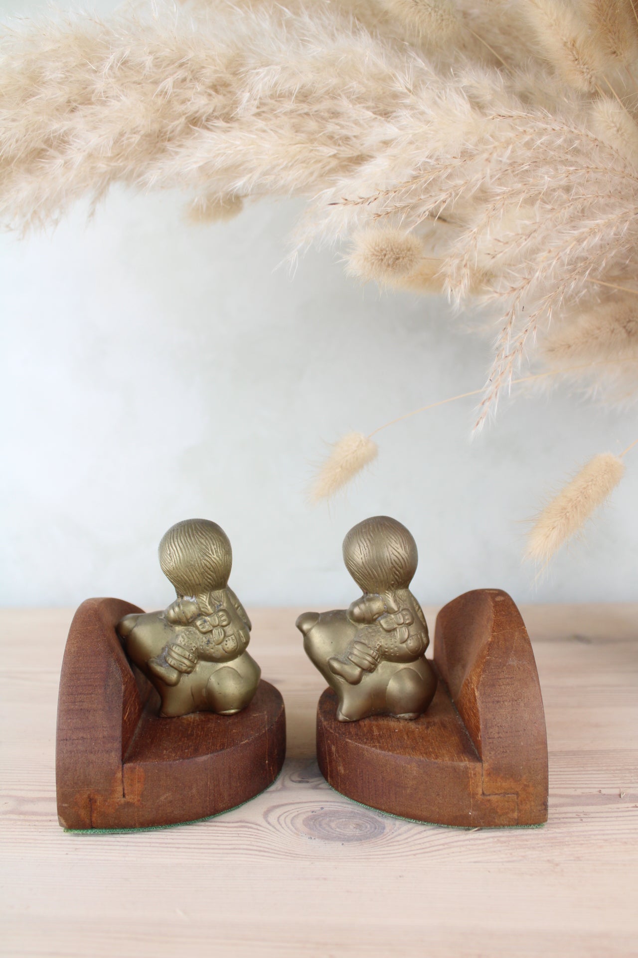Boy and Pig Cute Wood and Brass Bookends