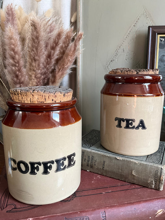 Vintage stoneware tea and coffee jars with cork lids