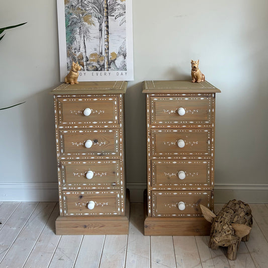 Pair of Solid Pine Bone Inlay Style Painted Bedsides