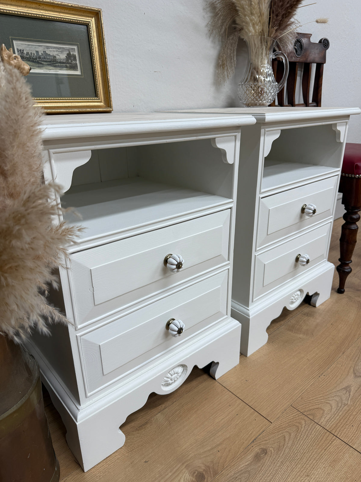 Pair of solid pine white painted bedside cabinets