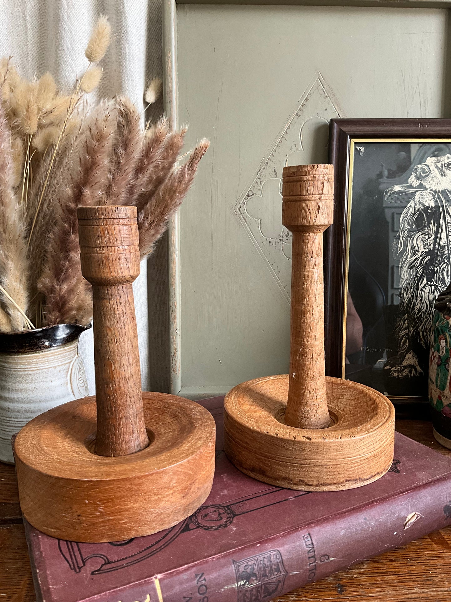 Pair of handmade oak candlestick holders