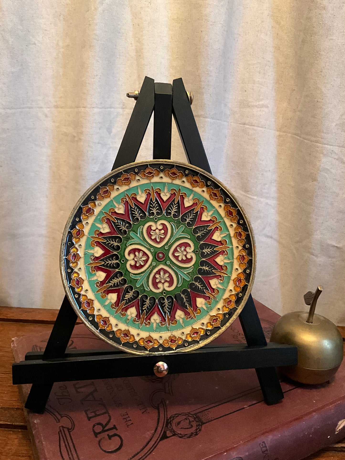 Vintage brass enamel patterned hanging plate