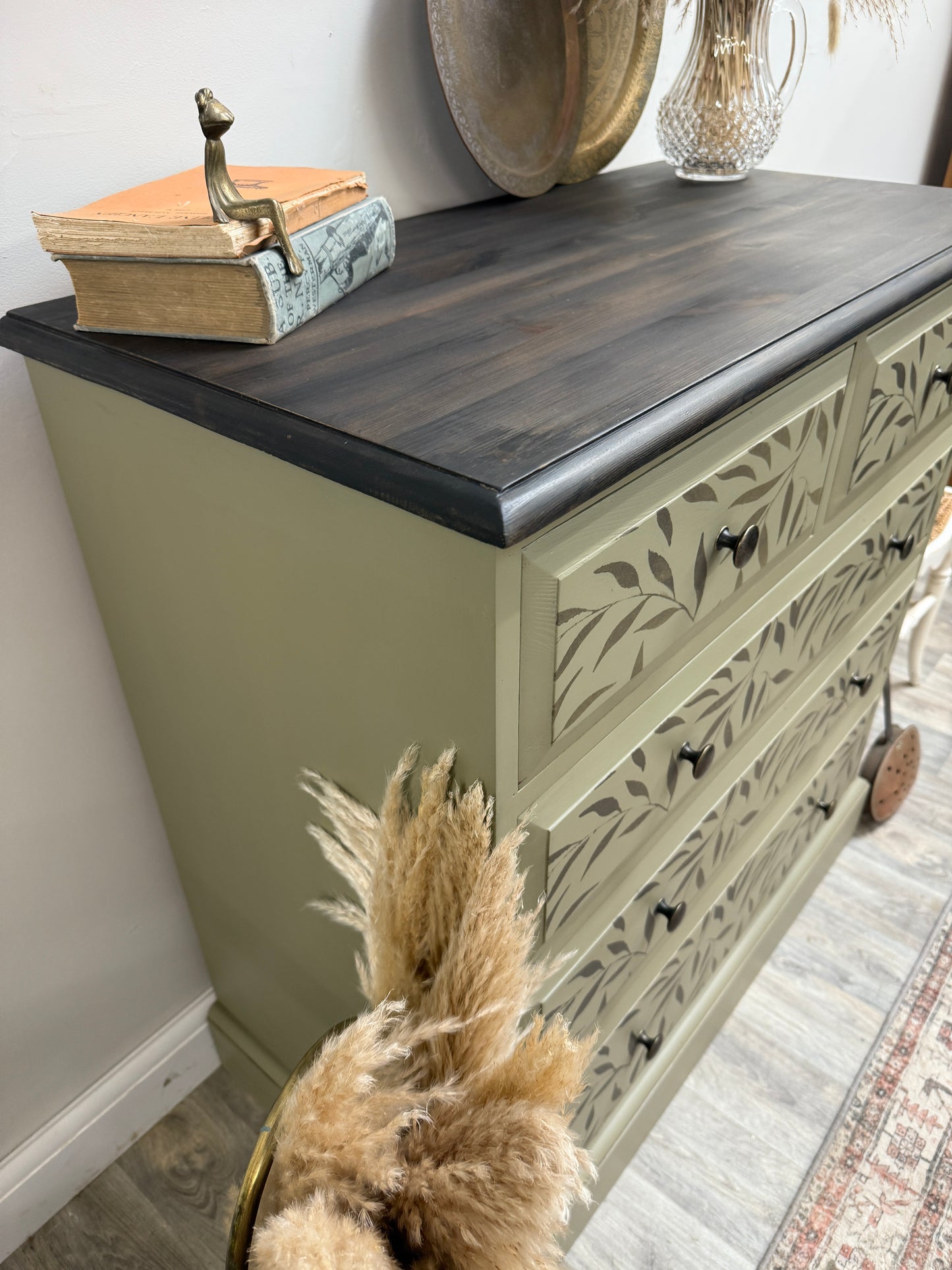 Solid pine stencil painted chest of drawers